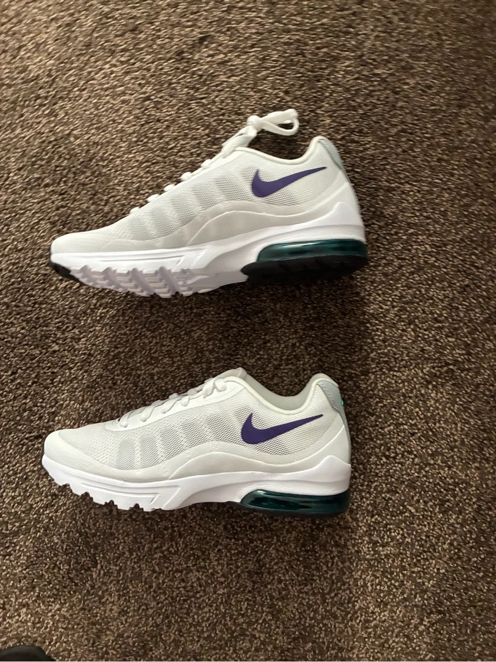 Nike Women’s White Sneakers with Purple Swoosh and Teal Air Unit